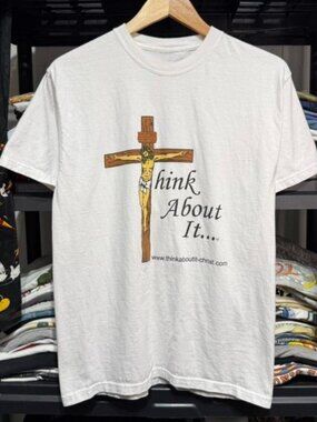 Vintage Christian Graphic Tee - ''Think About It'' Cross White T-shirt